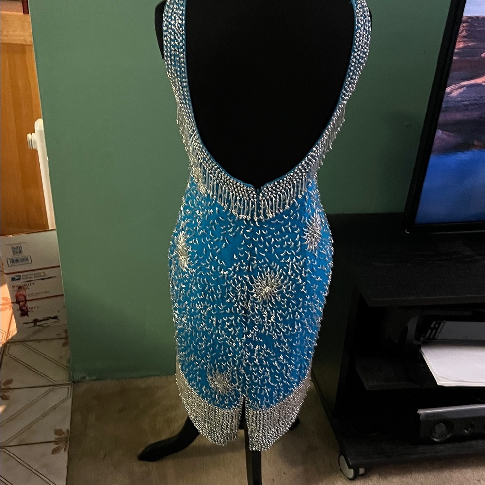 Blue Beaded Dress with Silver Accents - Picture 6 of 6